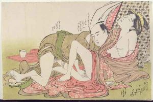 A Shunga erotic print lovers with a folded screen behind them, c.1785