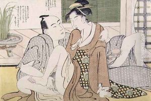 A Shunga erotic print a man pleasures his female lover, c.1785