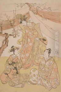 Three Actors in a Scene from Snow-Covered Bamboo Genji in Long Sleeves, 1785