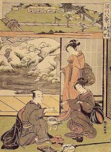 December snow in Nikenjaya, from the series Eight Views of Fukagawa, c.1766 by Yushido Shunsho