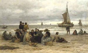 The arrival of the fleet fisher-folk on the beach by Philippe Lodowyck Jacob Sadee