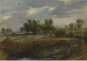 A Landscape With A Wagon Pulled By Two Horses In Theforeground A Landscape With A Wagon Pulled By Two Horses In Theforeground