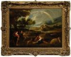 Pastoral Landscape With Peasants In A Field With Sheep, Dog, Distant Double Rainbow