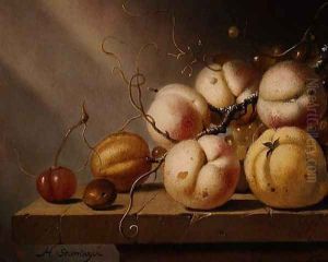 Still life of fruit on a ledge by Harmen van Steenwyck