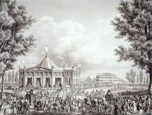 Procession passing the Pavilion erected for the Occasion of the Coronation of Ferdinand I 1793-1875, 1st September 1838, engraved by Falckeisen, from Incoronazione de SMIRA Ferdinando I, il Re del Regno Lombard-Veneto, published 1838 - view 1