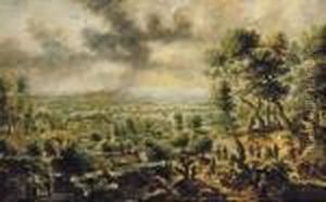 An Extensive River Landscape With Figures On A Track, A Town Nearby And Montains Beyond