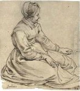 A Seated Girl Wearing A Cap, In Profile To The Right, Turning A Spit A Seated Girl Wearing A Cap, In Profile To The Right, Turning A Spit