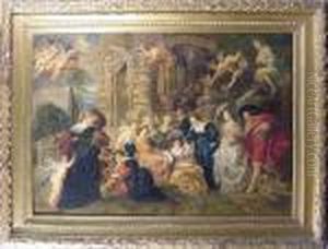 Numerous Figures Gathered By A Classical Building