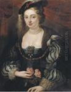 Portrait Of A Lady, Said To Be
Helena Fourment, Half-length, In Ablue Dress, With Slashed Sleeves And
Set With Pearls, And Afeathered Hat, Holding Pink Roses by (studio of) Rubens, Peter Paul