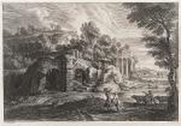 Landscape With Ruins, And Two Women Crossing A Stream - view 1