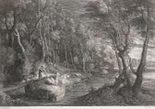 Shepherd With His Flock In A Wooded Landscape - view 1