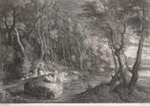 Shepherd With His Flock In A Wooded Landscape