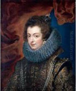 Portrait Of Isabella Of Bourbon,
Queen Of Spain, Half Length, In An Embroidered Dress With Ruff Before A
Red Curtain by (studio of) Rubens, Peter Paul