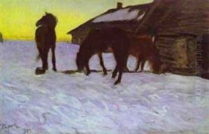 Colts At Watering Place Domotcanovo 1904 by Valentin Aleksandrovich Serov