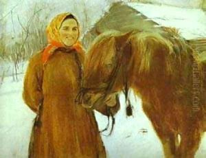 In A Village Peasant Woman With A Horse 1898 by Valentin Aleksandrovich Serov