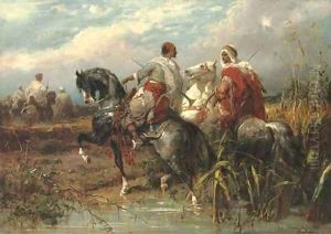 Two arabs fording a stream by Adolf Schreyer
