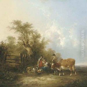 Figures and a cow by a gate in a landscape