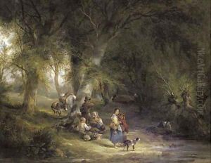 A gypsy encampment in a wooded landscape by a river, with several figures, donkeys and a dog in the foreground by William Joseph Shayer