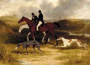Two gentlemen on hunters with greyhounds in a landscape