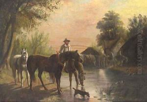 Watering horses at dusk by William Joseph Shayer