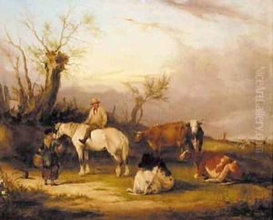 A man on a horse talking to a milkmaid by some cattle A man on a horse talking to a milkmaid by some cattle