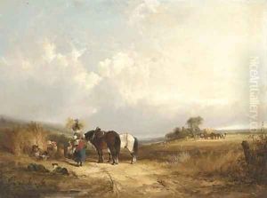 A summer landscape with harvesters by William Joseph Shayer