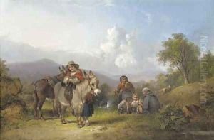 Travellers in an extensive landscape, traditionally identified as Perlieu Common near Southampton by William Joseph Shayer