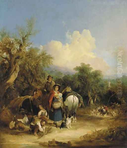 Travellers on a path in an extensive wooded landscape, with a church spire beyond - view 1