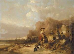 Coastal scene with a fisherman mending his nets, with other figures and fishing boats beyond by William Joseph Shayer