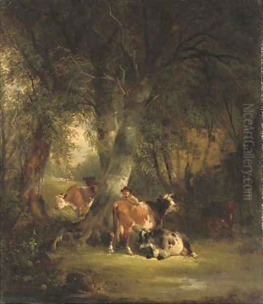 Wooded landscape with a drover and cattle in the foreground - view 1
