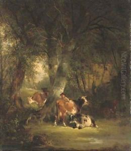 Wooded landscape with a drover and cattle in the foreground