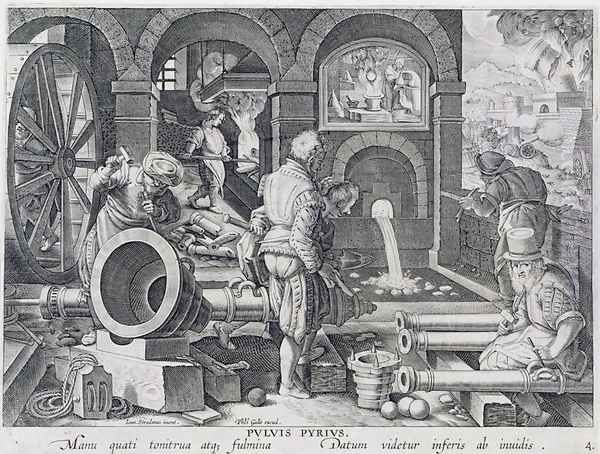 The Invention of Gunpowder and the First Casting of Bronze Cannon, plate 4 from Nova Reperta New Discoveries engraved by Philip Galle 1537-1612 c.1600 - view 1