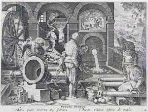 The Invention of Gunpowder and the First Casting of Bronze Cannon, plate 4 from Nova Reperta New Discoveries engraved by Philip Galle 1537-1612 c.1600 by Giovanni Stradano