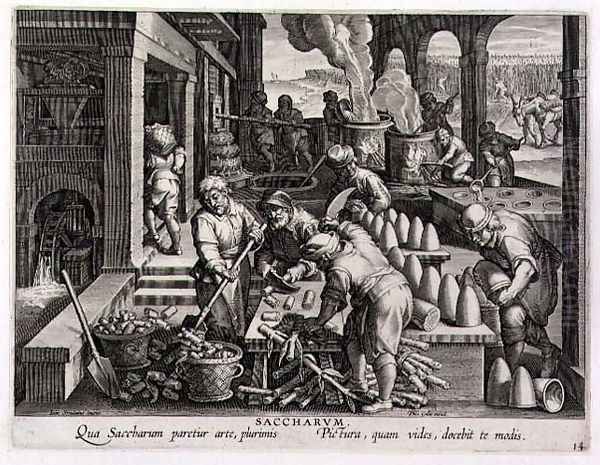 A Sugar Mill and the Production of Sugar Loaves, plate 14 from Nova Reperta New Discoveries engraved by Philip Galle 1537-1612 c.1600 - view 1