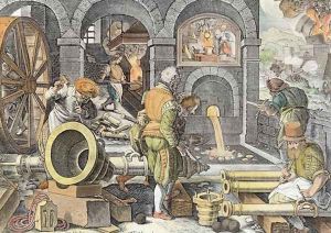 The Invention of Gunpowder and the First Casting of Bronze Cannon, plate 4 from Nova Reperta New Discoveries engraved by Philip Galle 1537-1612 c.1600 2 by Giovanni Stradano