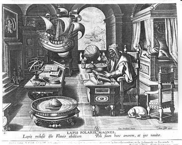 Flavio Gioia of Amalfi discovering the Power of the Lodestone, plate 3 from Nova Reperta New Discoveries engraved by Philip Galle 1537-1612 c.1600 - view 1