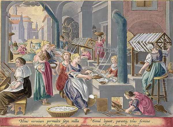 Boiling the Cocoons to Destroy the Chrysalids and Soften the Strands, and Reeling them to Make Silk, plate 6 from Vermis Sericus The Silkworm engraved by Philip Galle 1537-1612 - view 1