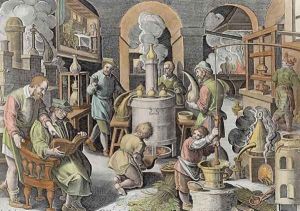 Distillation, boiling water to purify it, engraved by Philip Galle 1537-1612