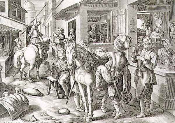 The Development of Stirrups, plate 10 from Nova Reperta New Discoveries engraved by Philip Galle 1537-1612 c.1600 - view 1