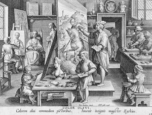 The Invention of Oil Paint, plate 15 from Nova Reperta New Discoveries engraved by Philip Galle 1537-1612 c.1600 by Giovanni Stradano