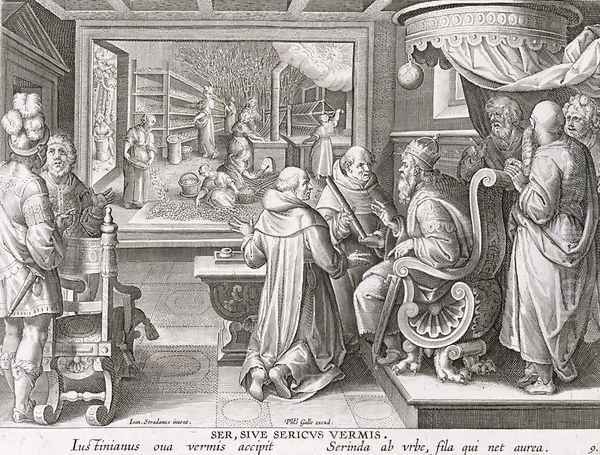The Beginning of the Silk Industry in Europe, plate 9 from Nova Reperta New Discoveries engraved by Philip Galle 1537-1612 c.1600 - view 1