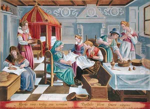 Women Sprinkle the Eggs of the Silkworm with Wine and Keep them Warm at their Breast, plate 3 from Vermis Sericus The Silkworm engraved by Philip Galle 1537-1612 - view 1