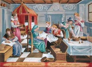 Women Sprinkle the Eggs of the Silkworm with Wine and Keep them Warm at their Breast, plate 3 from Vermis Sericus The Silkworm engraved by Philip Galle 1537-1612