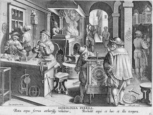 The Invention of Iron Mechanical Clocks, plate 6 from Nova Reperta New Discoveries engraved by Philip Galle 1537-1612 c.1600 by Giovanni Stradano