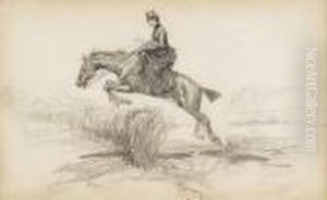 Woman And Horse Rider Hurdling A Bush French by Charles Marion Russell