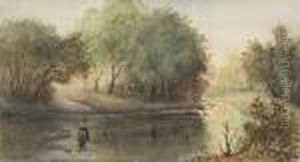 Cowboy On Horseback Crossing A River