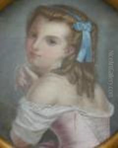 Young Woman With Blue Bow In Her
Hair, A Long Strand Of Pearls Around Her Neck In A White And Pink
Dress, The Bodice Unlaced by John Russell