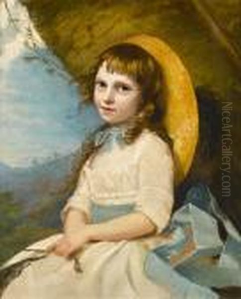 Portrait Of A Young Girl,
Three-quarterlength, Seated, In A White Dress With A Blue Sash And A
Strawhat - view 1