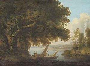 An Italianate lake landscape with figures and boats by Joshua Shaw