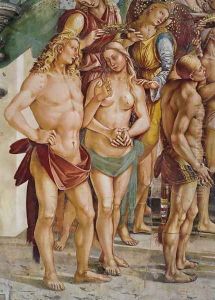 Couple crowned by an angel, detail from the The Elect on the left wall of the Chapel of the Madonna di San Brizio, 1499-1504 by Luca Signorelli